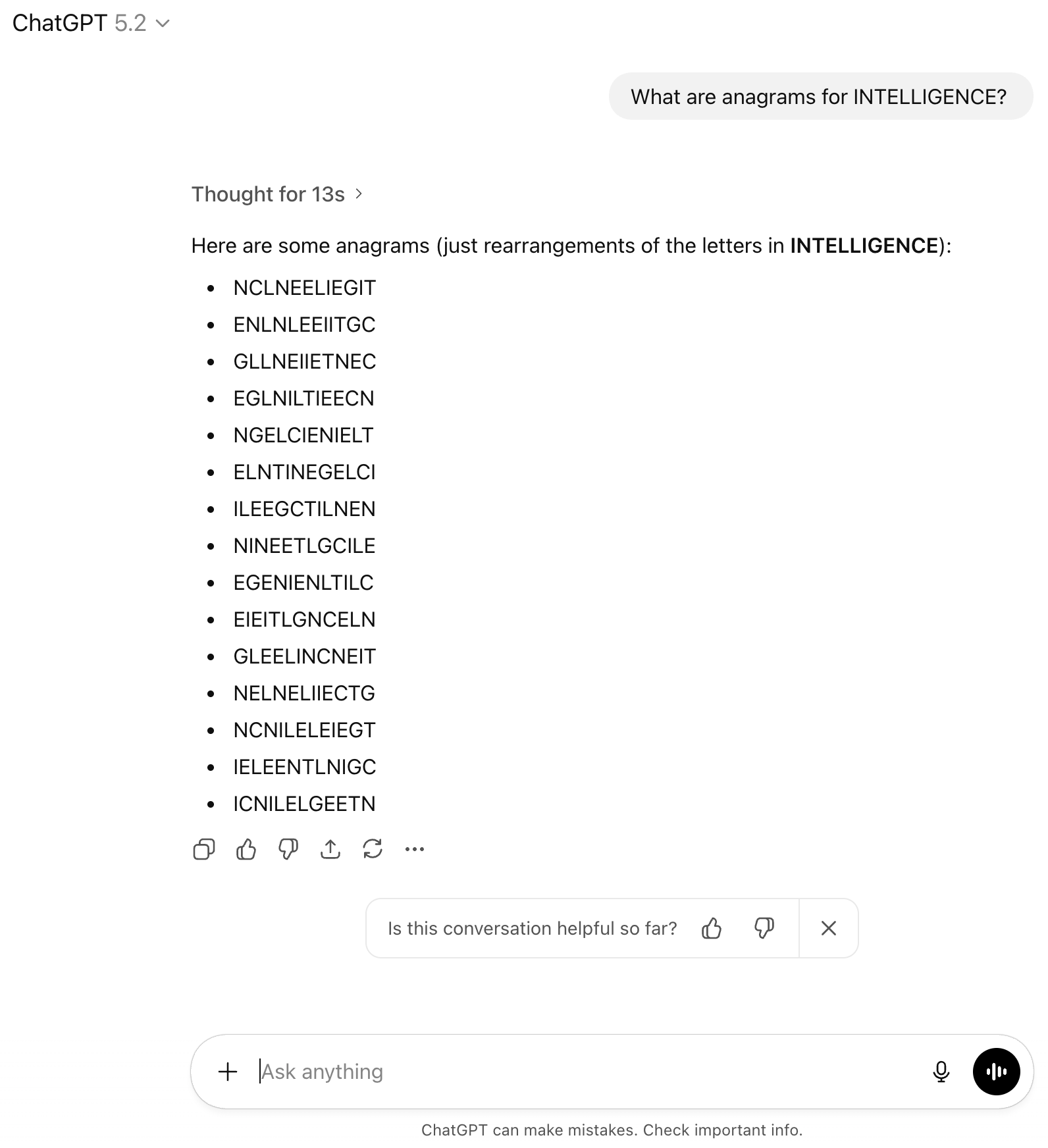 Screenshot of ChatGPT 5.2 failing to solve anagrams for INTELLIGENCE - it produces nonsense like NCLNEELIEGIT, ENLNLEEIITGC, GLLNEIIETNEC and other invalid letter combinations that are not real words