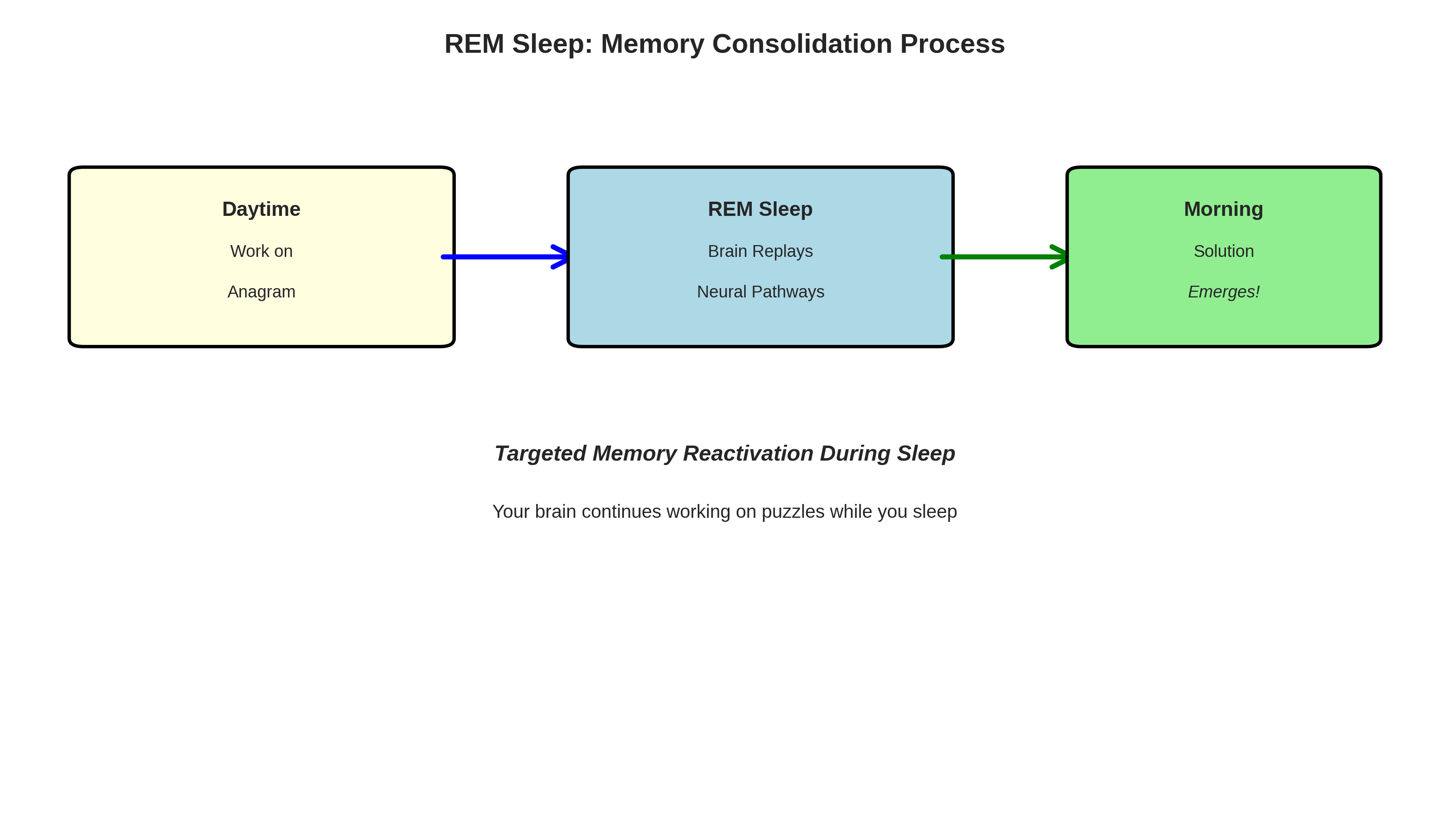 Flowchart showing REM Sleep Memory Consolidation Process: Daytime (Work on Anagram) flows to REM Sleep (Brain Replays Neural Pathways) which flows to Morning (Solution Emerges). Caption: Your brain continues working on puzzles while you sleep.